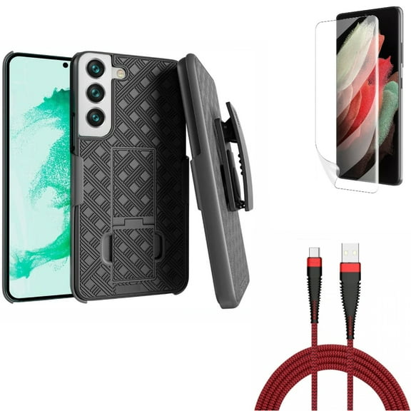 10ft USB Cable & Case Belt Clip & Matte Screen Protector for Samsung Galaxy S22 Plus (S22 ) - Combo Type-C Charger Cord Power & Holster Swivel Cover & TPU Film Anti-Glare