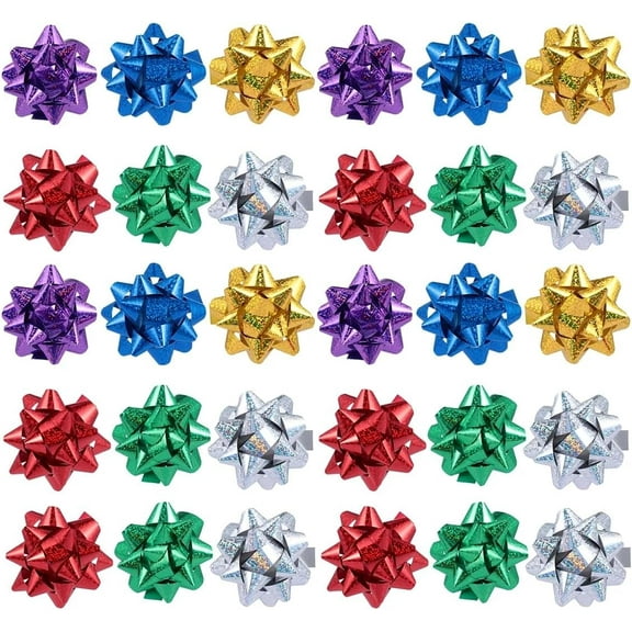 50 Pcs Colorful 1 Inch Gift Bows Mini Christmas Bows Metallic Star Bows Party Gifts Wrapping Bows Adhesive Holiday Presents Bows for Valentine's Day, Gift Wrapping Supplies