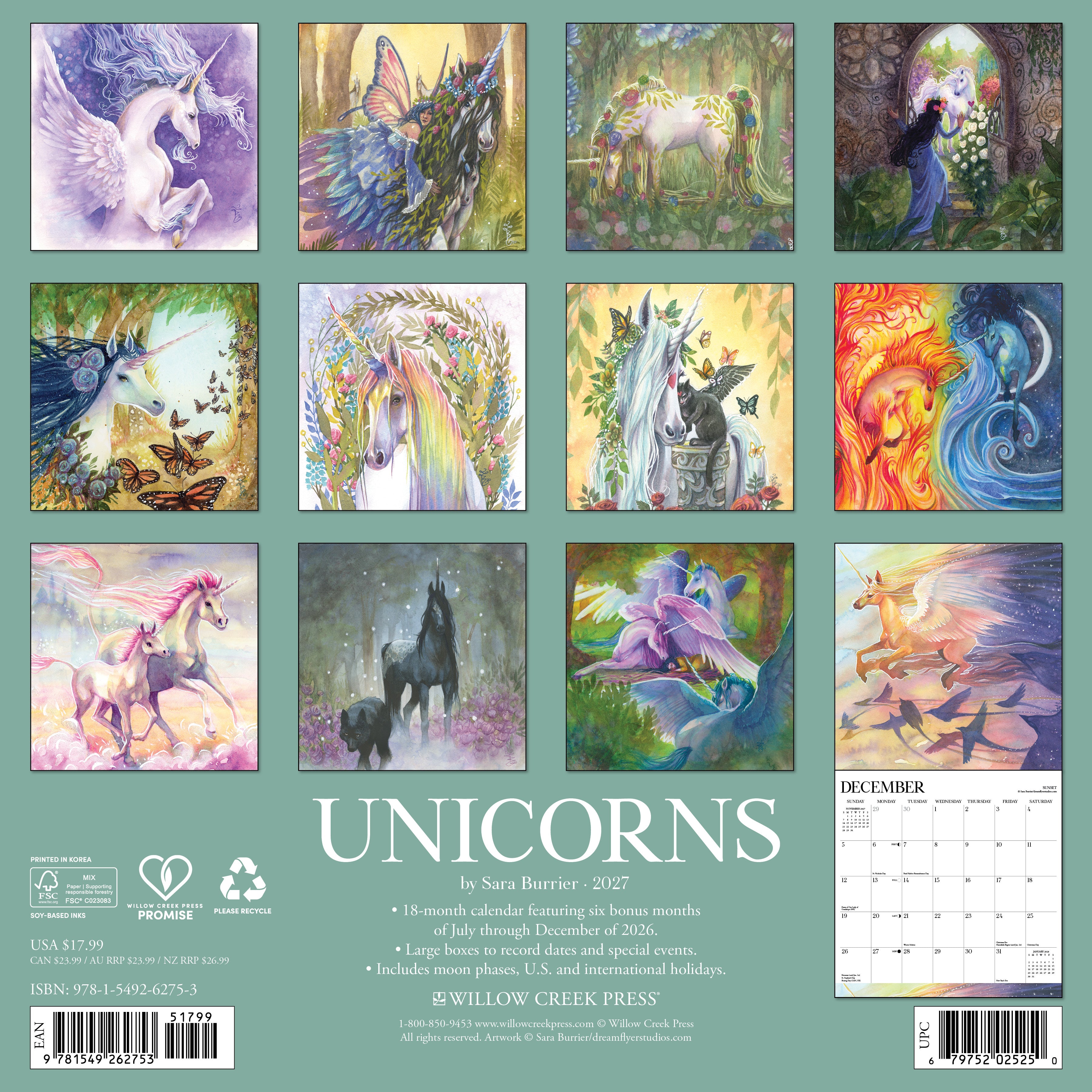 Willow Creek Press, Unicorns by Sara Burrier (art) 2027 Wall Calendar