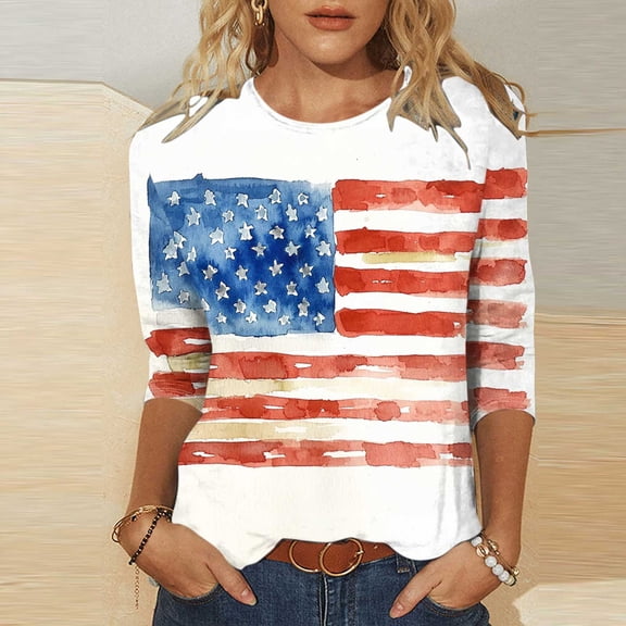 Cavosen 4th of July Clothes Women 4th of July 3/4 Sleeve Crew Neck Shirts USA Star Striped Print Shirts Lady XL Red White and Blue Casual Tops Funny Patriotic Tunic Tees 2025 Patriotic Blouses