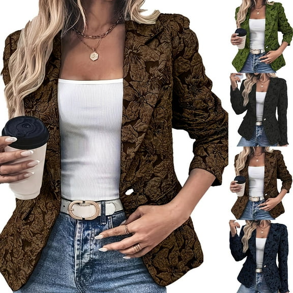 FRSASU Women's Long Sleeve Button Blazer Floral Print Open Front Cardigan Jacket Work office Blazer with Pockets Green