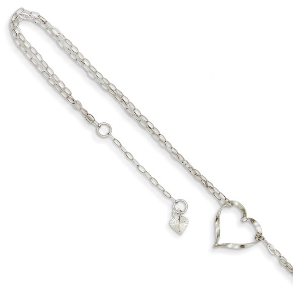 14k White Gold Double Strand Heart 9 Inch Plus 1 Anklet Ankle Bracelet Love