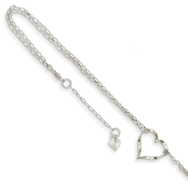 14k White Gold Double Strand Heart 9 Inch Plus 1 Anklet Ankle Bracelet Love