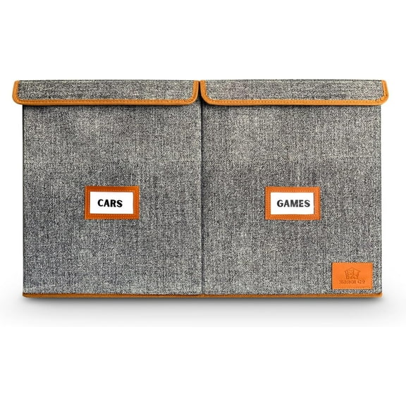 Large Toy Storage Bin with Double Lid and Handles, Inner Divider, Kid Playroom organization, Collapsible, Modern, Labels, Leather Accents, 26" x 14" x 16" (Black and White Pattern)