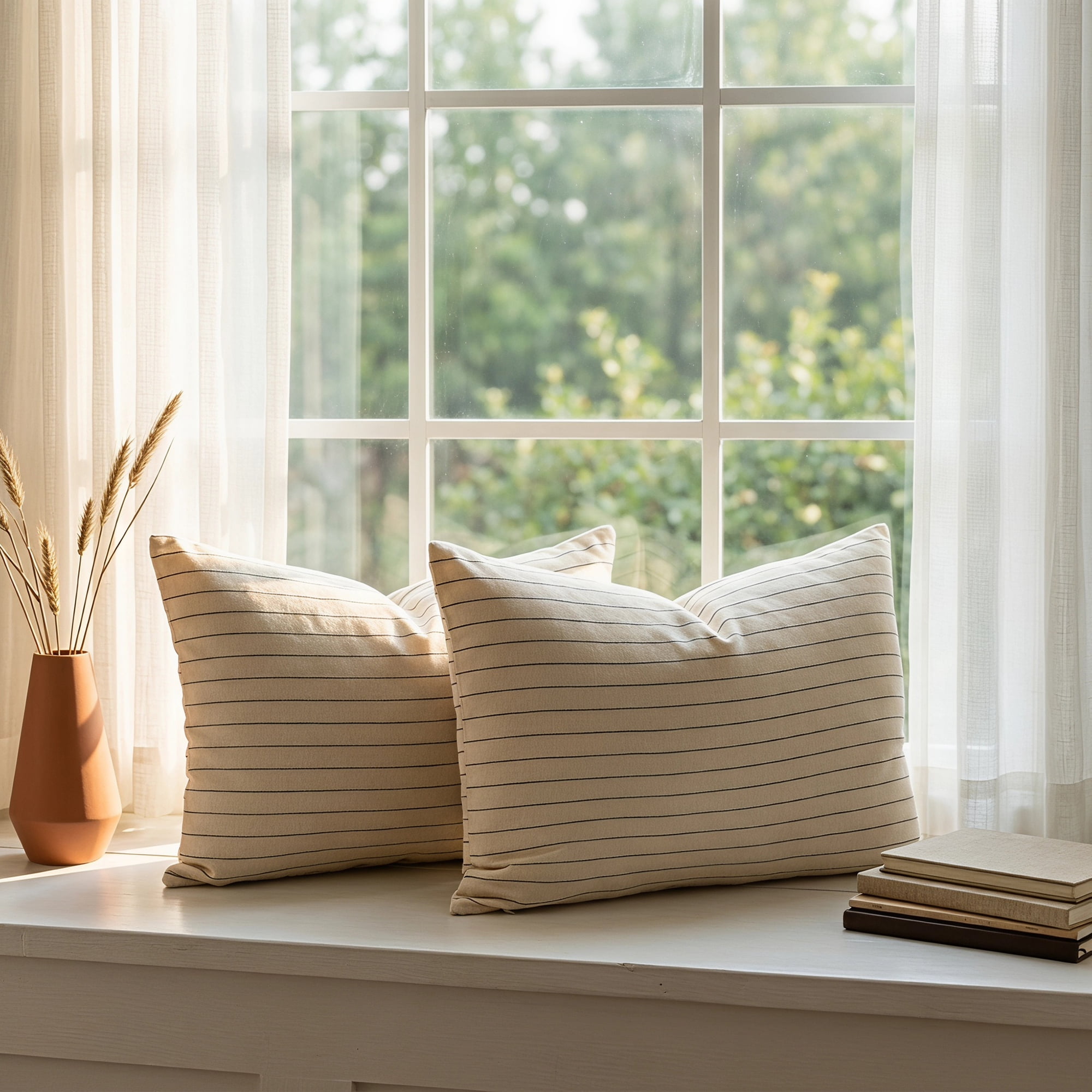 Unique Bargains 2 Pack Fine Stripe Throw Pillow Covers Cotton Blend Cases Beige 20"x12"