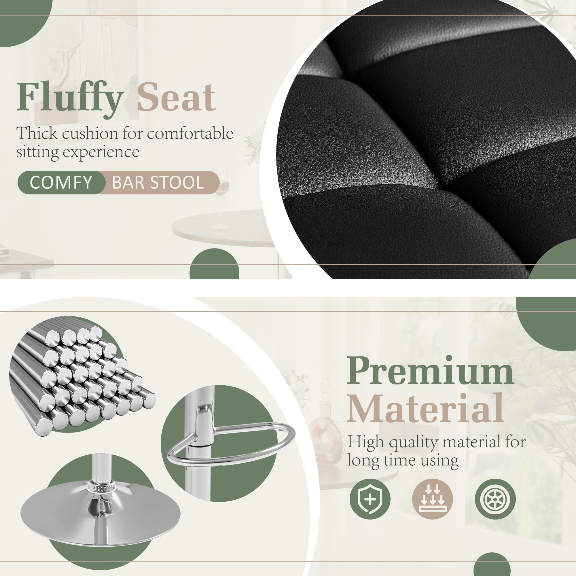 Homall Bar Stools Set of 2 Modern PU Leather Height Adjustable Hydraulic Kitchen Counter Square Island Swivel Barstool with Armrest, Black
