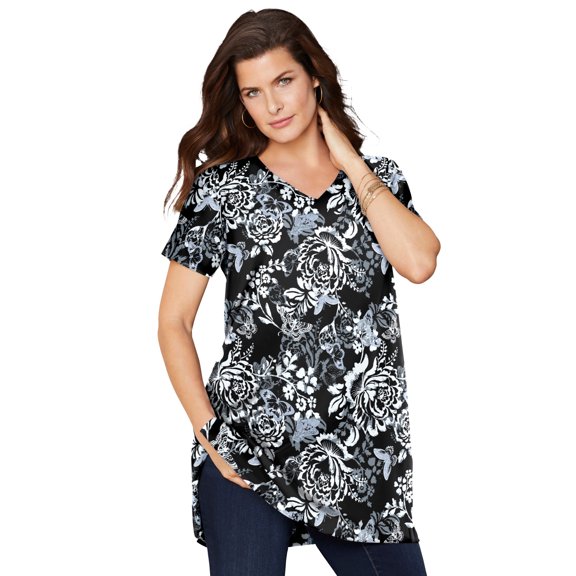 Roaman's Women's Plus Size Cotton Short Sleeve V-Neck Ultimate Tunic