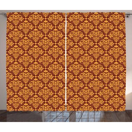 Vintage Tile Patterns - Antique Curtains 2 Panels Set, Victorian Vintage Revival Pattern with Damask Motifs Old Tile, Window Drapes for Living Room Bedroom, 108W X 108L Inches, Chesnut Brown and Pale Orange, by Ambesonne