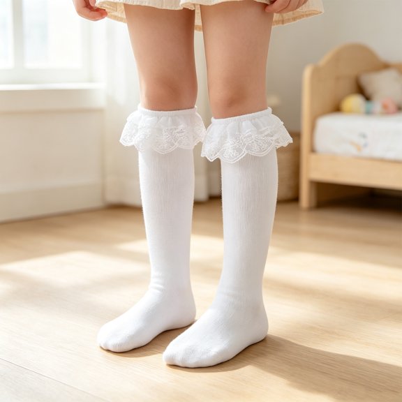 CHCNHAC Girls Lace Trim Knee High Socks Soft Cotton Ruffle Top Calf Length White Princess Style Daily Wear School Uniform Flower Girl Party Ages 3-10