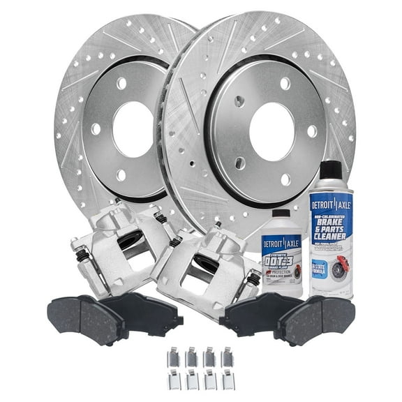 Detroit Axle - Front Brake Kit for 2008-2012 Chrysler Town & Country Dodge Grand Caravan VW Routan Drilled Brake Rotors Brake Calipers w/Brackets Ceramic Brakes Pads 2009 2010 2011 Replacement