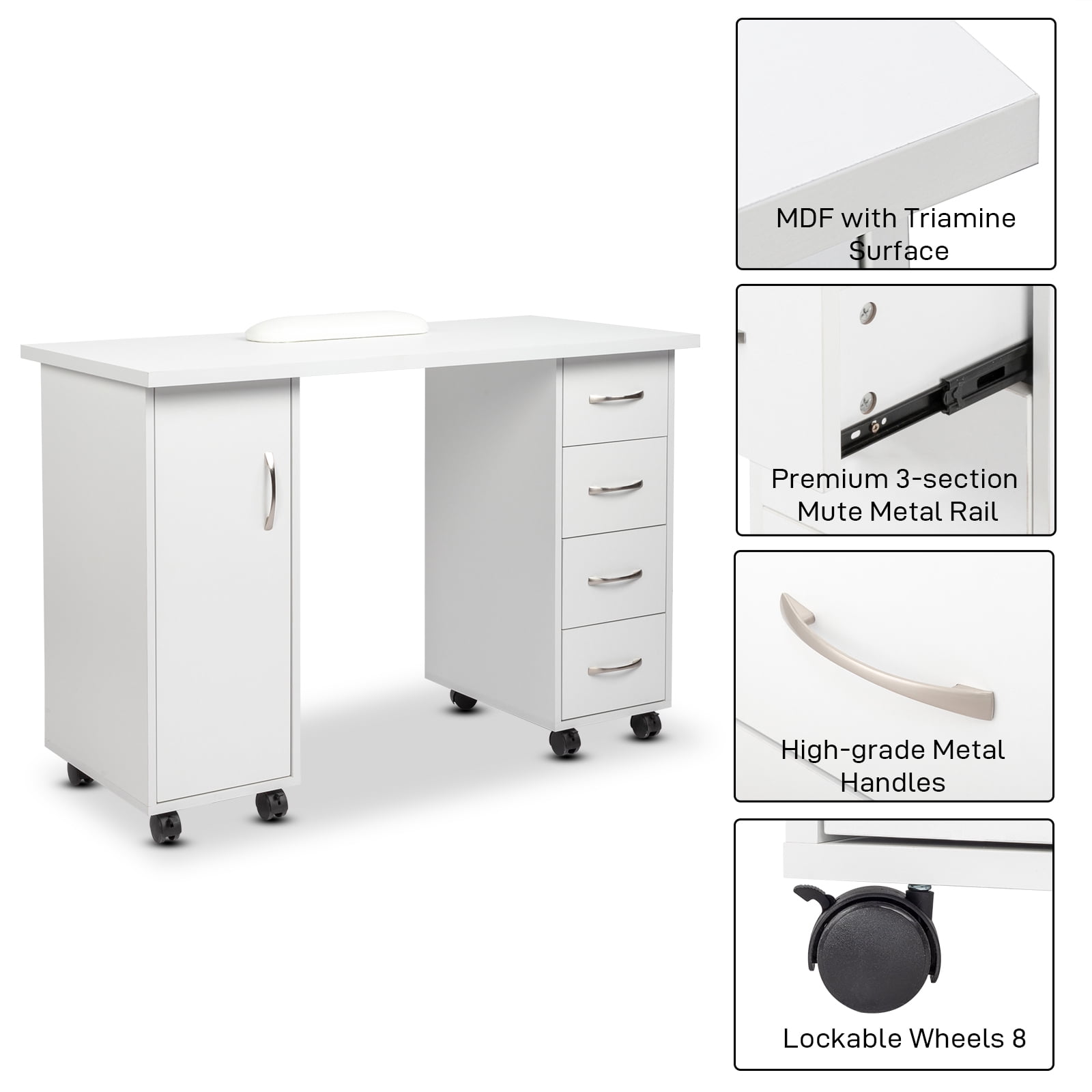 Manicure Nail Table with Drawer, White