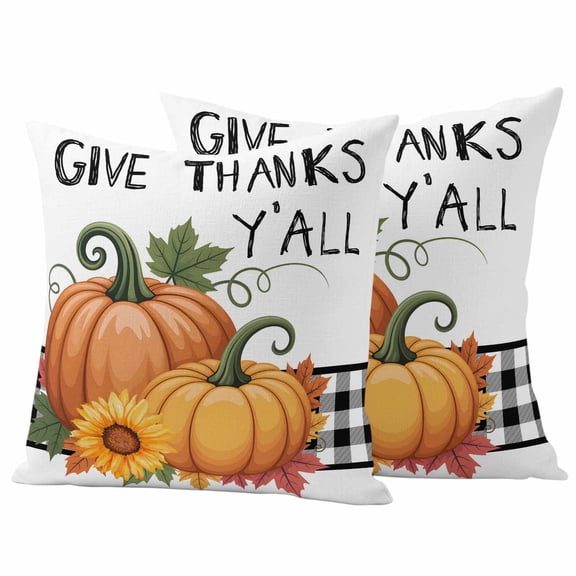 Fall Pumpkins Outdoor Waterproof Pillow Covers, Thanksgiving Sunflower Maple Leaf Plaid Decorative Square Throw Pillowcase Sofa Cushion Sham for Patio/Couch/Chair, 20"x20" 2 Pack