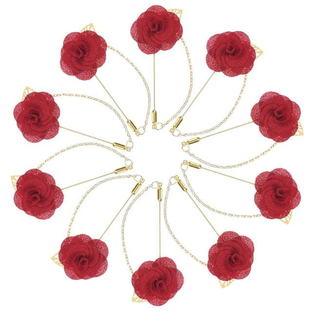 Uxcell 10 Paquete Alfiler de Broche de Camelia Flor de Tela con Broche de Hoja Dorada Roja