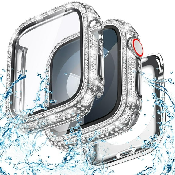 Bling Case for iWatch Series 10 42mm with Tempered Glass Screen Protector, Crystal Clear Diamonds Rhinestone Bumper Cover, Hard PC Splash-Proof Protective Case for iWatch Series 10 42mm, Silver