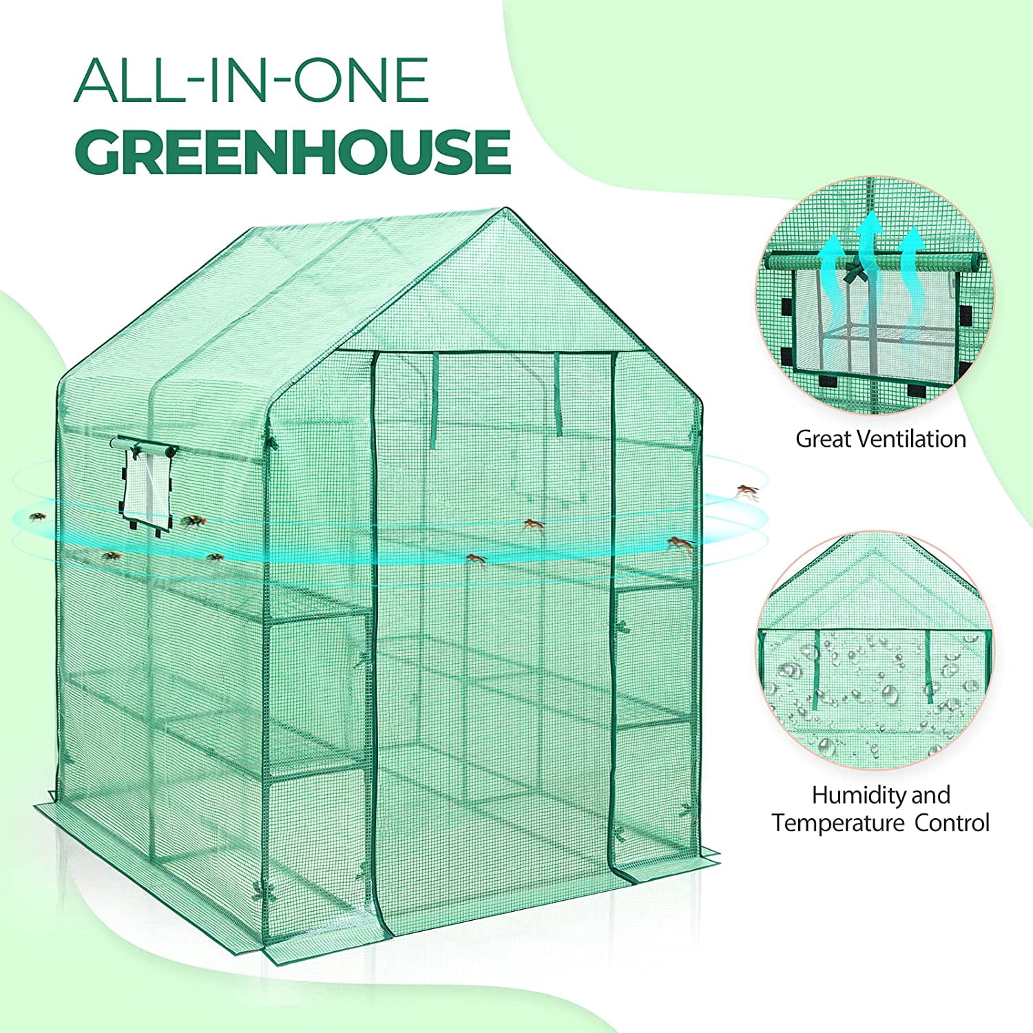 EAGLE PEAK Walk-in Greenhouse 2 Tiers 8 Shelves with Roll-up Zipper Door and 2 Side Mesh Windows, Outdoor Indoor Portable Gardening Plant House 56 x 56 x 77 in , Green