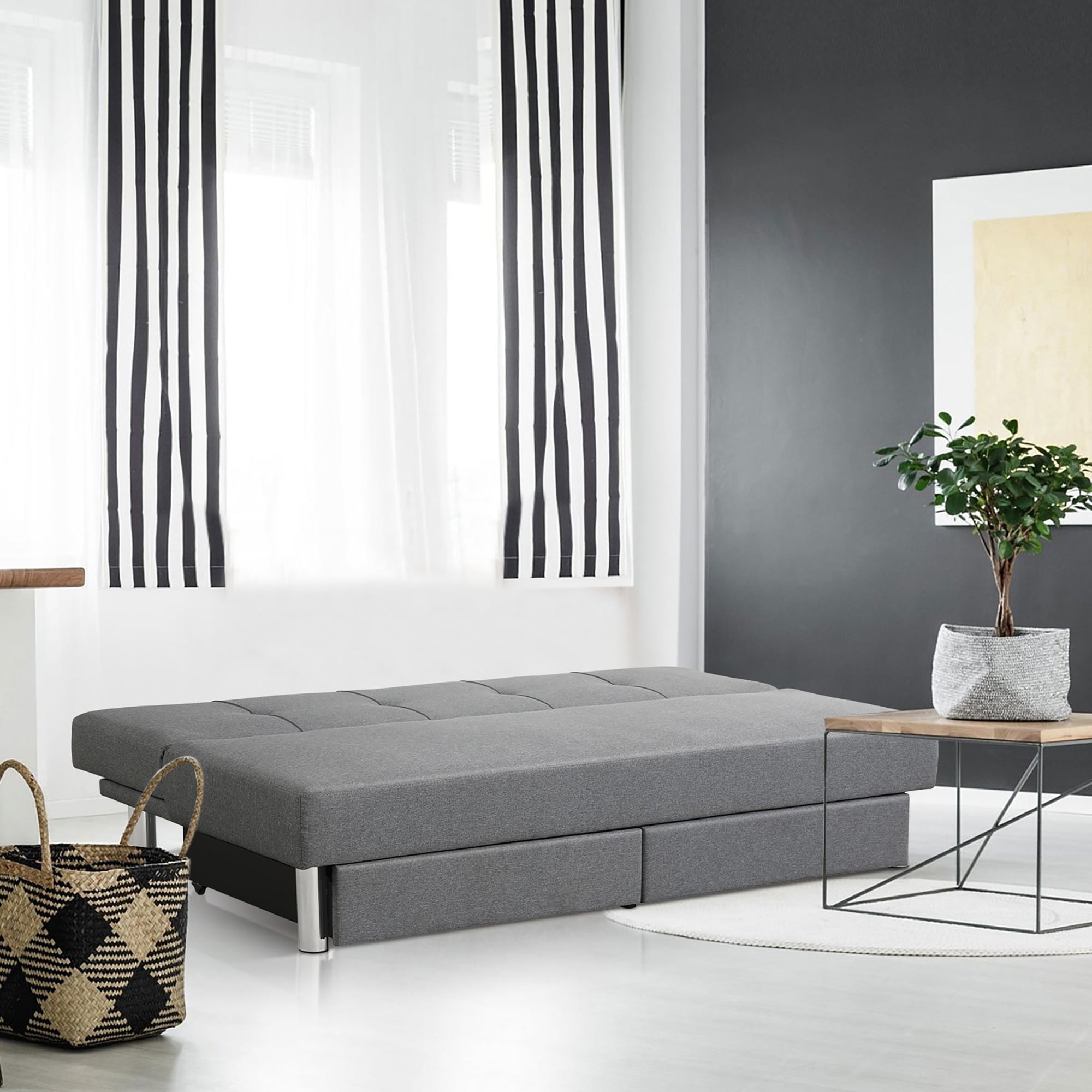Costway Convertible Futon Sofa Bed Adjustable Couch Sleeper w/ Two Drawers Grey