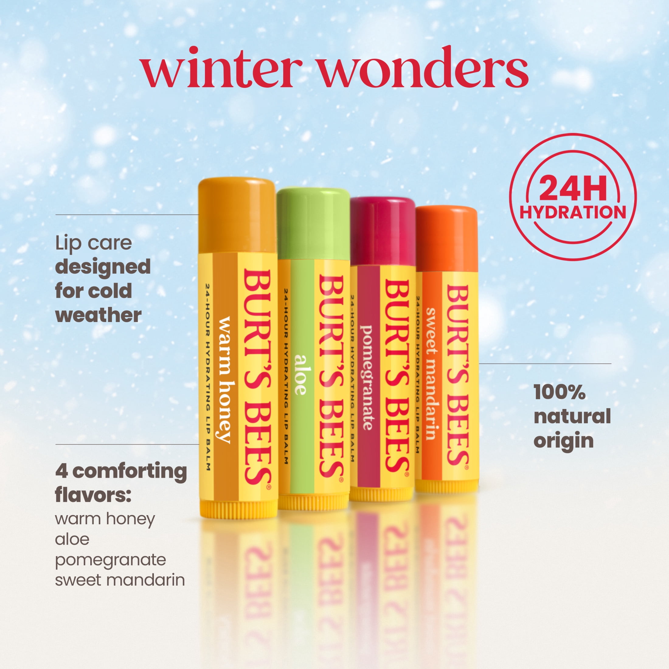 Burt's Bees Cold Weather Essentials 24-Hour Hydrating Natural Lip Balm Value Pack, Walmart Exclusive, 4 Pack