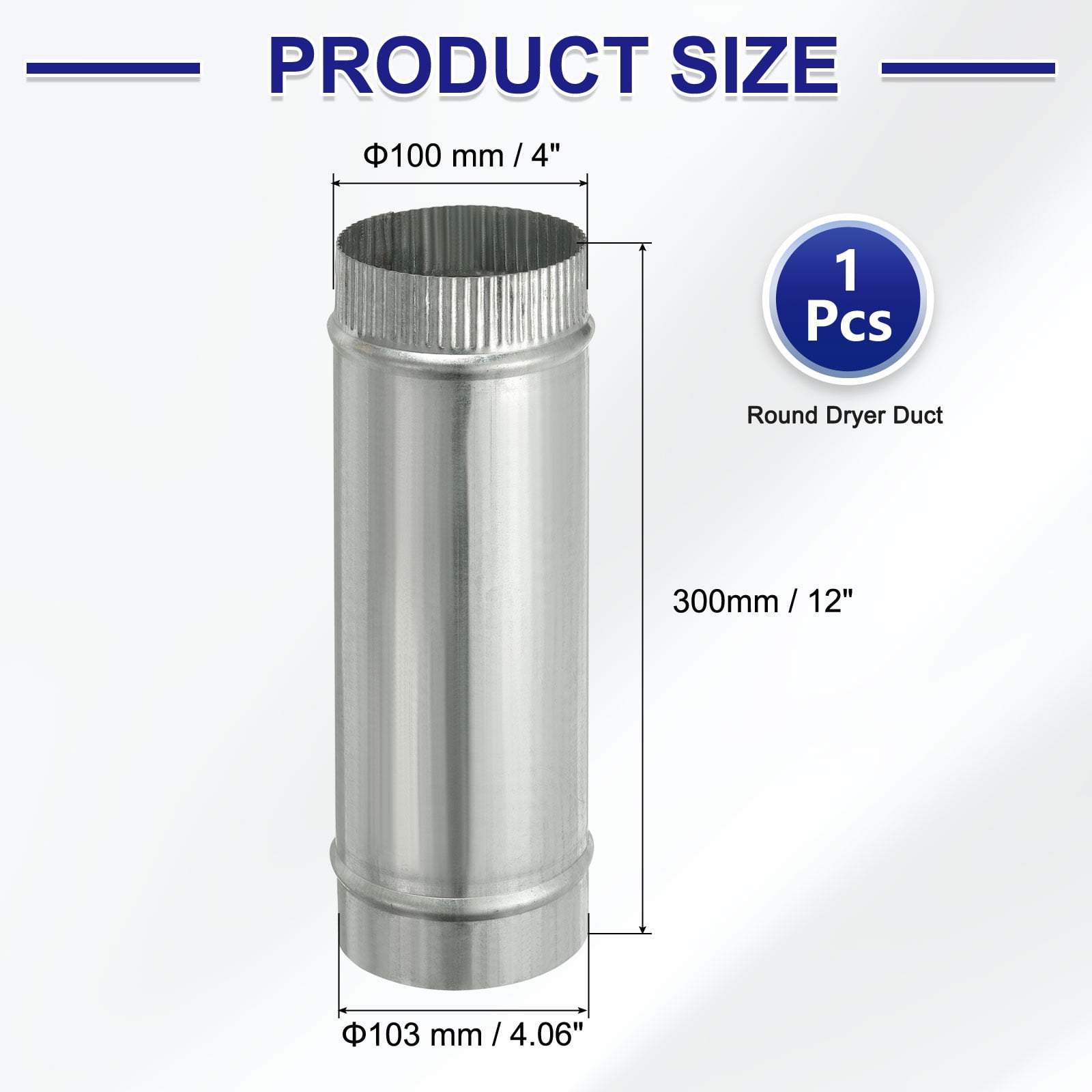 Uxcell 4 x 12 Inch Round Dryer Duct, 1PCS Galvanized Steel Crimped Straight Air Vent Duct Extension Coupler Pipe Adapter Connector for HVAC Dryer Hood Ventilation Chimney, Silver