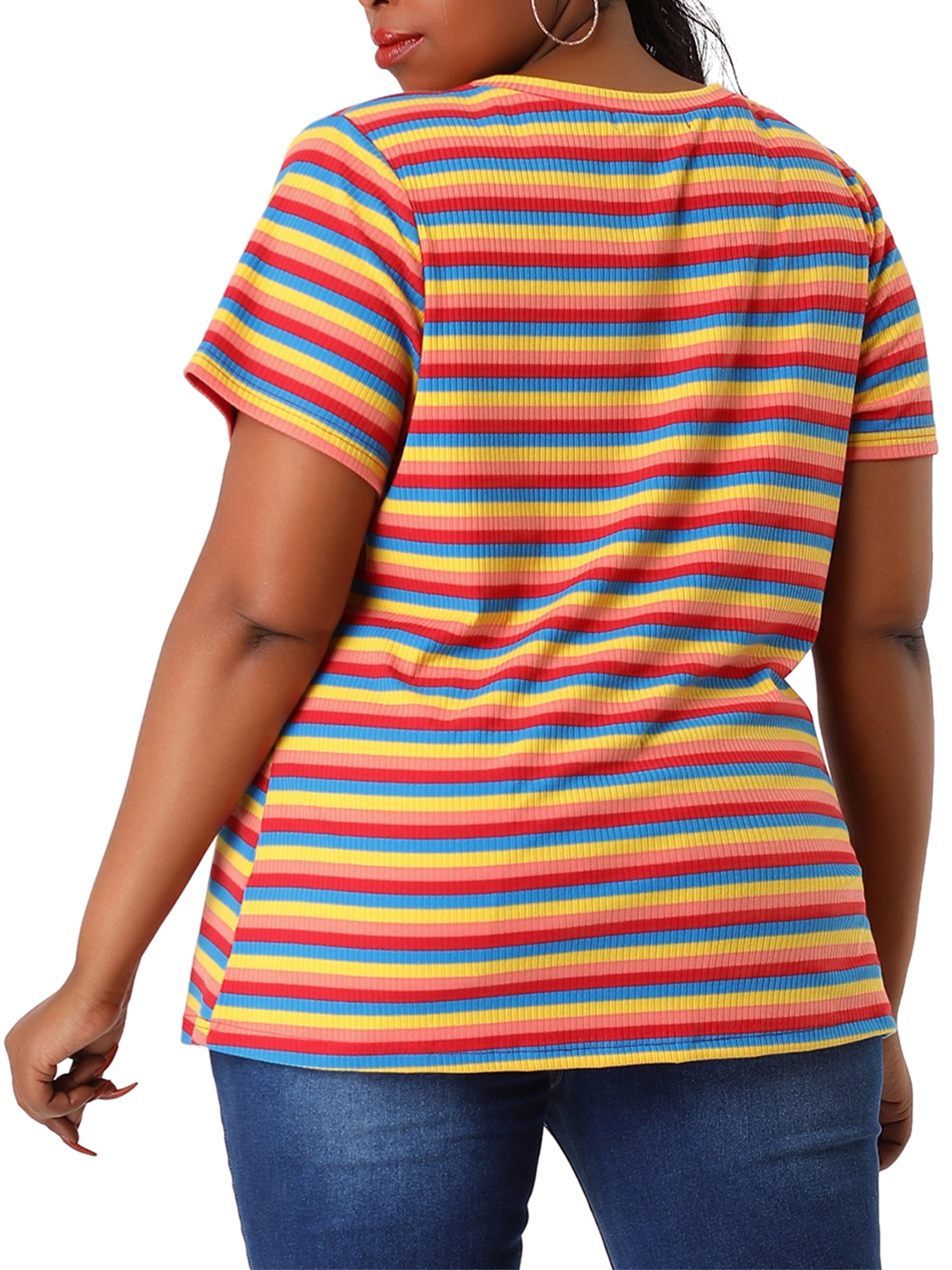Unique Bargains Women's Plus Size Short Sleeve Crew Neck Striped Top 1X Rainbow