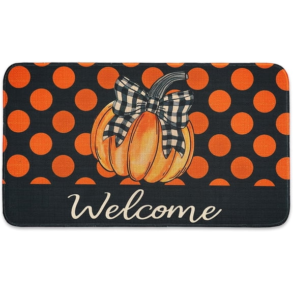 Fall Door Mat Hello Pumpkin Welcome Door Mat, Orange Polka Dot Non Slip Fall Welcome Mat Indoor Outdoor Autumn Harvest Door Mat Thanksgiving Decoration 30"*17"