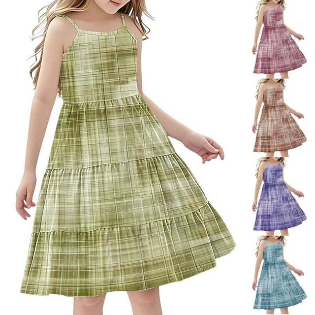 NJDVHB Robe d'Été pour Tout-Petit, Robe de Plage pour Fille, Robe de Fête pour Filles, Robe Décontractée Sans Manches à Bretelles pour Enfants, Vert, 130