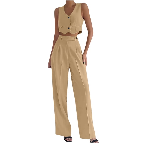 Women's 2 Piece Outfits Dressy, Sleeveless Suit Vests and Wide Leg Pant Summer Business Casual Button V Neck Blazer Set Shorts Sets Women 2 Piece Outfits Khaki M