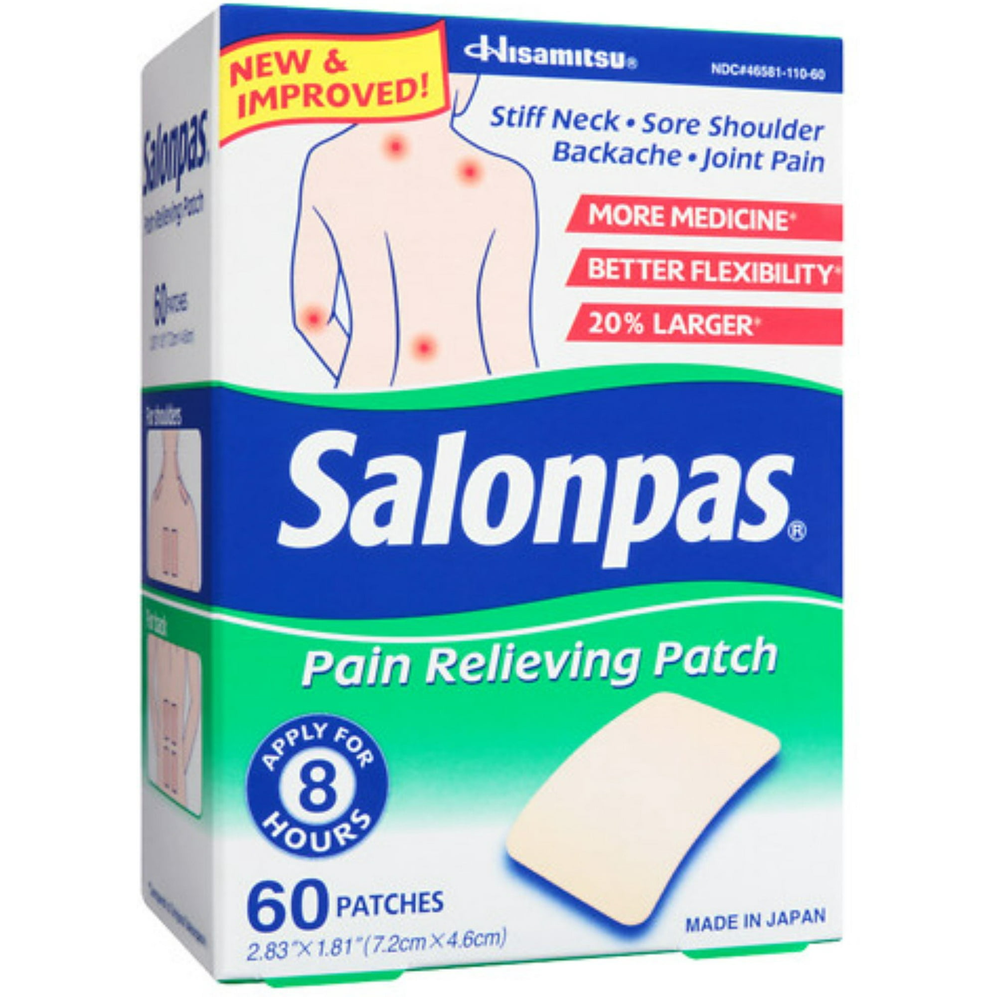 Salonpas Pain Relieving Patch for Back, Neck, Shoulder, Knee Pain and Muscle Soreness - 8 Hour Pain Relief - 60 Count