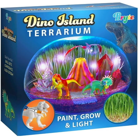 Bryte Dinosaur Light Up Terrarium Kit for Kids: Dino Island with Paintable Dinosaur & Volcano Figurines Seed Soil LED Lights & More – Arts & Crafts STEM Activities for Kids Ages 8-12 Years Old