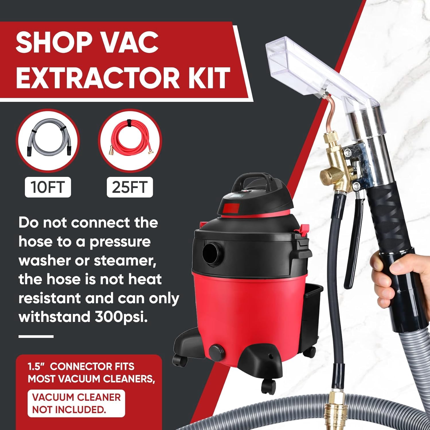 Shop Vac Carpet Cleaner Hose Kit with 25 ft Water Line, 10 ft Vacuum Hose & Adapter, Universal Vacuum Attachment for Carpet Cleaning