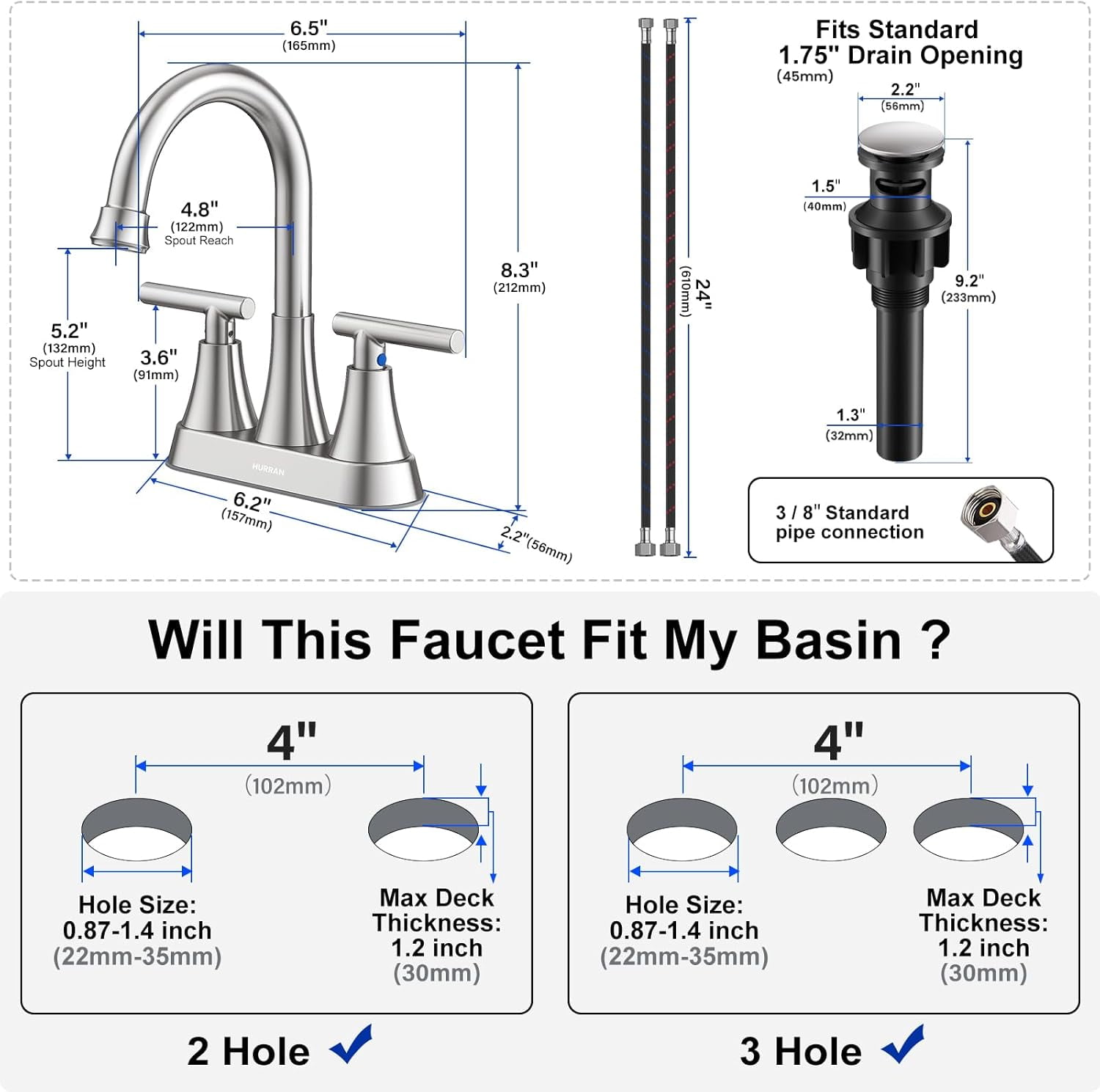 Bathroom Faucets for Sink 3 Hole, Hurran 4 inch Brushed Nickel Bathroom Sink Faucet with Pop-up Drain and Supply Lines, Stainless Steel Centerset Faucets for Sink Vanity