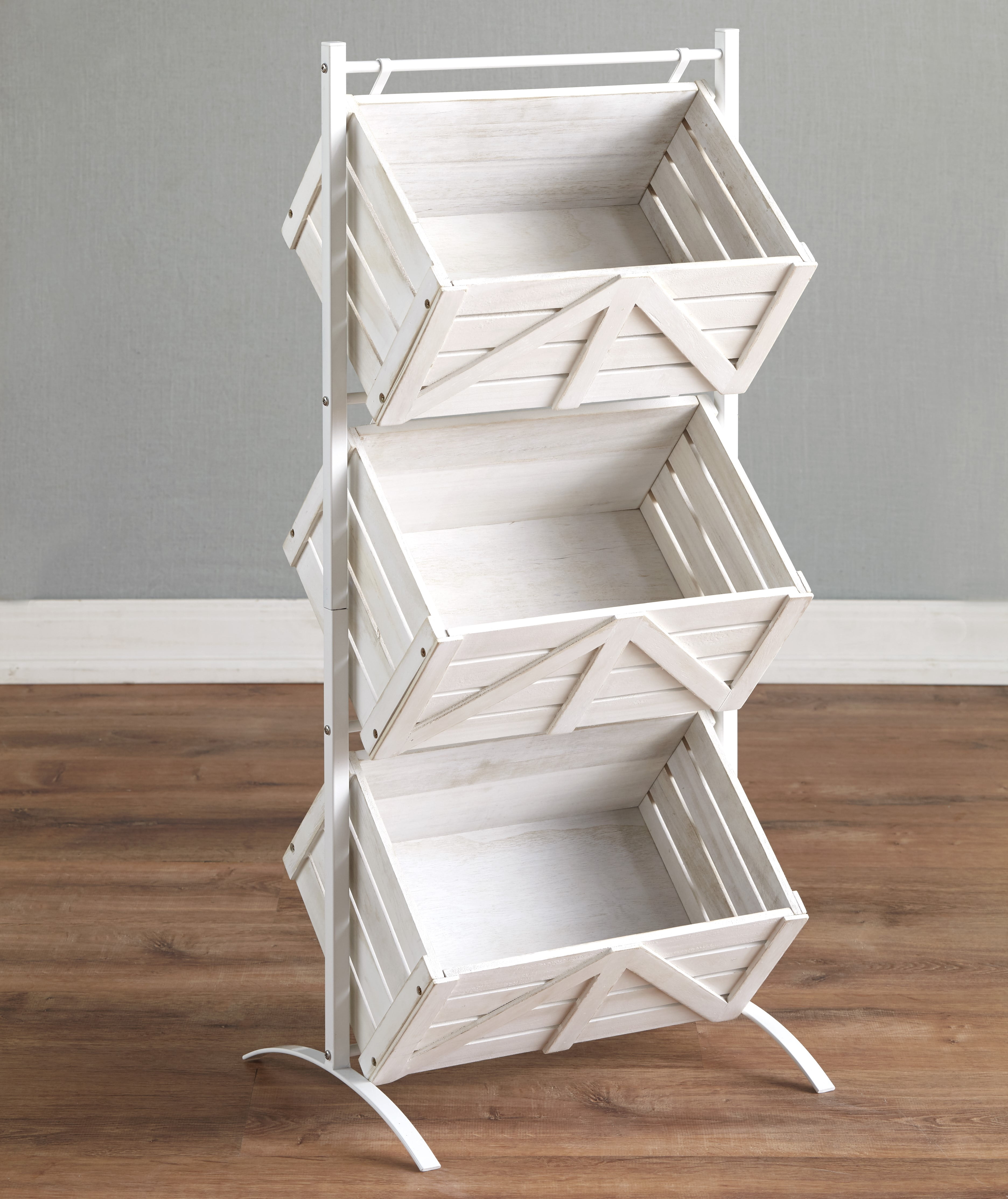 Triple Basket Storage Rack Rustic Shelving Unit with Farmhouse Look