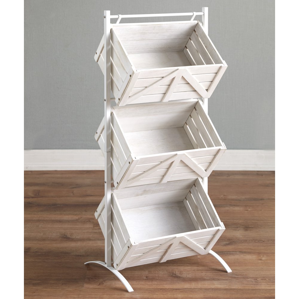 Triple Basket Storage Rack Rustic Shelving Unit with Farmhouse Look