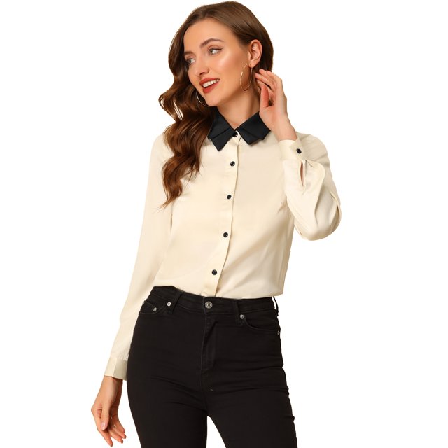 INSPIRE CHIC Women's Satin Contrast Double Turn Down Collar Basic Button up Shirt