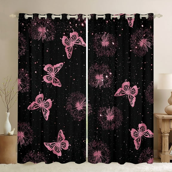 Manfei Pink Butterfly Print Black Out Curtains, Romantic Dandelion Flower Curtains Pack of 2 (42x63 Each), Vintage French Style Bedroom Curtains, Curtains and Drapes Home Decor