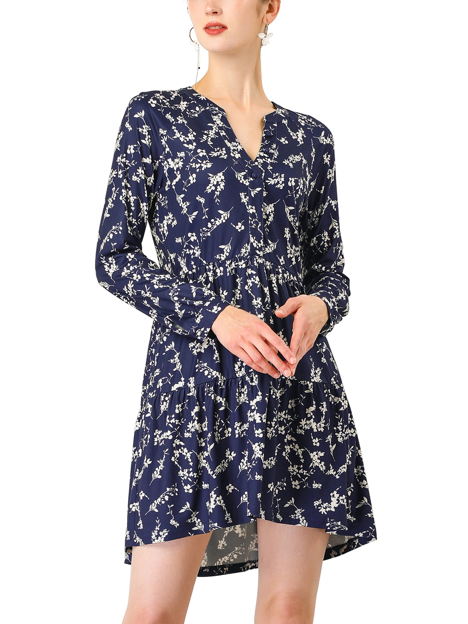 Unique Bargains Women's Floral V Neck Cinched Waist Long Sleeve Dress M Navy Blue