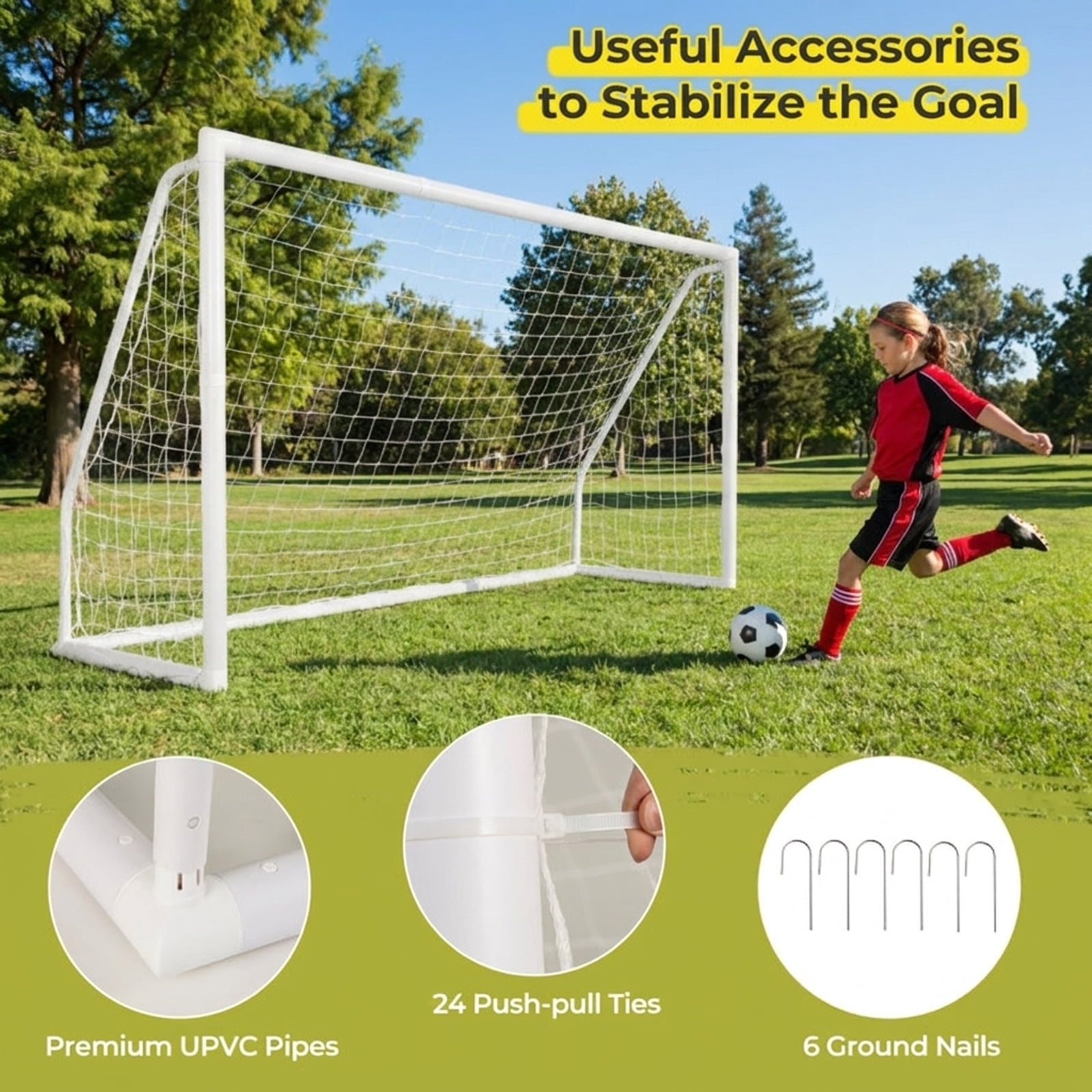 Airfind Backyard Soccer Goal with Ground Anchors and Practice Cones and Stable All-Weather Frame for Kids Youth Outdoor Training and Portable Soccer Practice, White