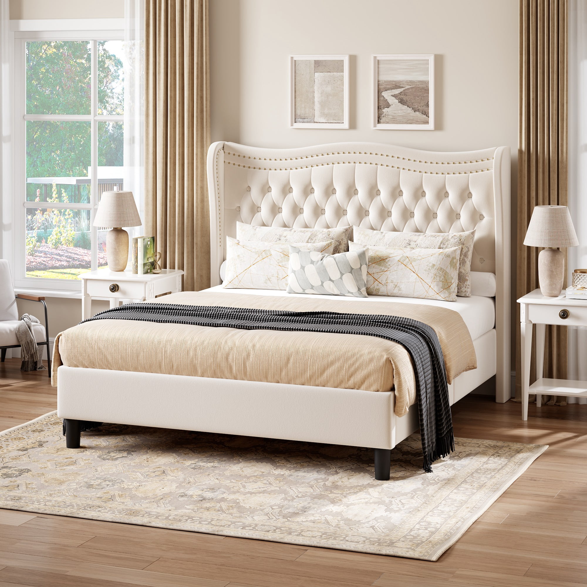 BSHTI Full Size Upholstered Bed Frame with Wingback Headboard – Velvet Diamond Tufting & Double Nail Trim, No Box Spring Needed, Beige