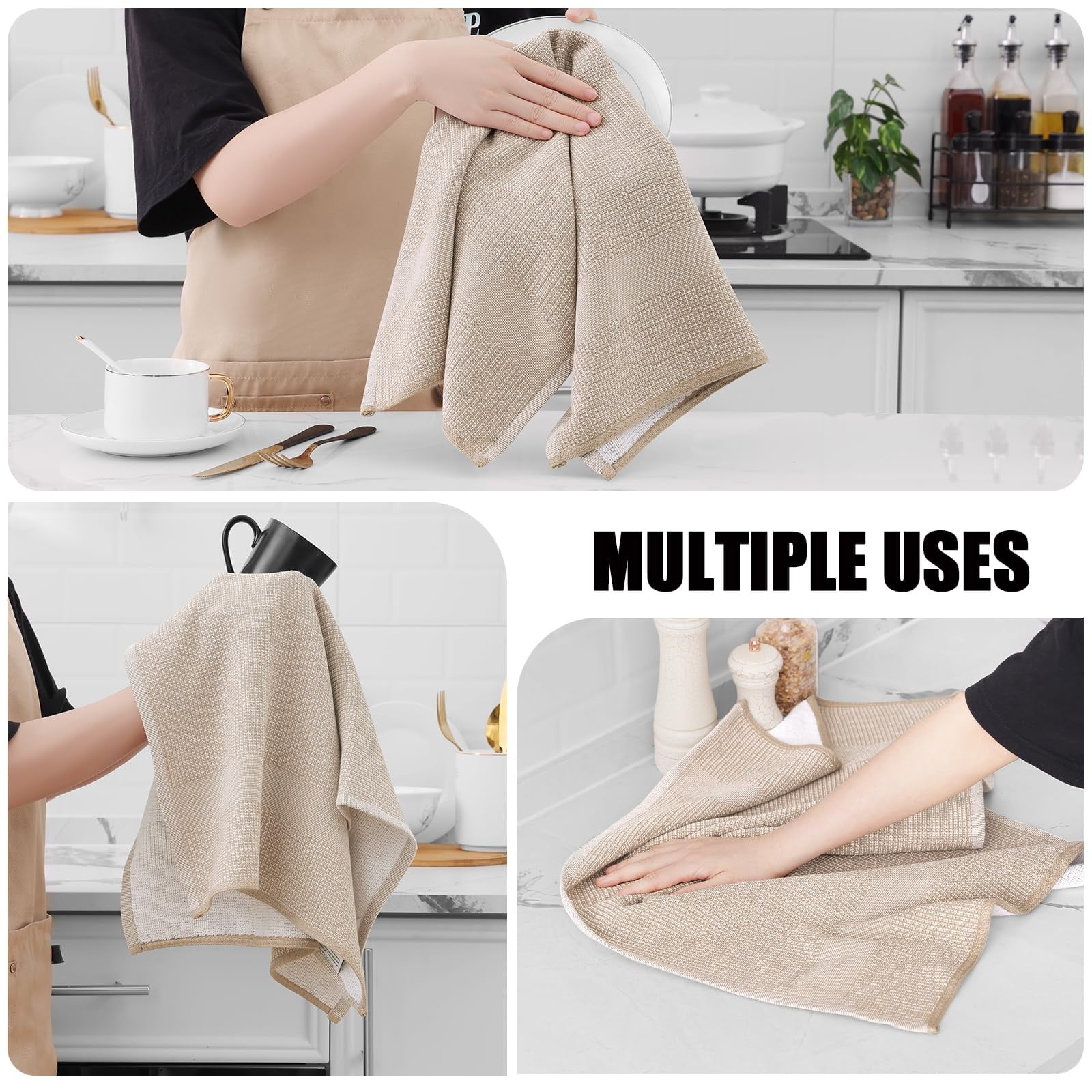 decorUhome Premium Kitchen Towels(18"x 28", 6 Pack), Large Cotton Kitchen Hand Towels, Khaki