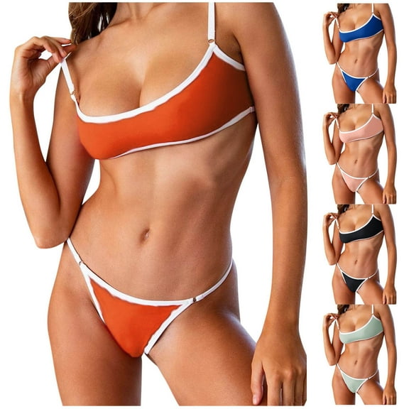 UTSJKR Sexy Contrast Binding Color Block Bandeau Thong Bikini Tube Cheekly Brazilian Swimsuit Set High Cut Two Piece Bathing Suits Gray L