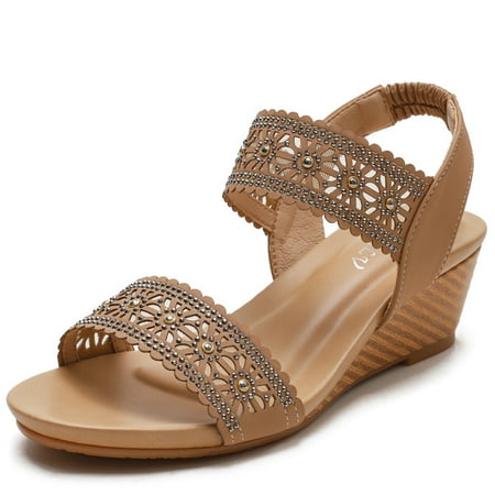 

Woman Vintage Open Toe Roman Style Summer Wedges Sandal with Adjustable Ankle Elastic Strap
