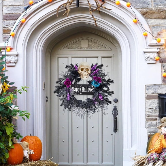 Lumiparty 22" Halloween Wreath for Front Door, Halloween Skull Wreath with Lights, Spooky Halloween Wreaths, Indoor/Covered Outdoor Halloween Props Decoration