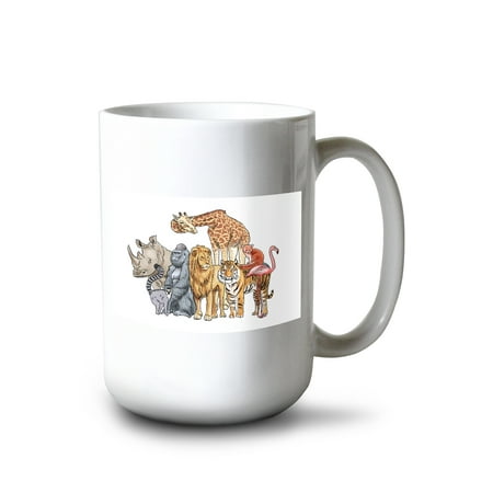 

15 fl oz Ceramic Mug Zoo Animals Giraffe Lion Tiger Gorilla Rhino Lemur Red Panda Flamingo Line Drawing Dishwasher & Microwave Safe