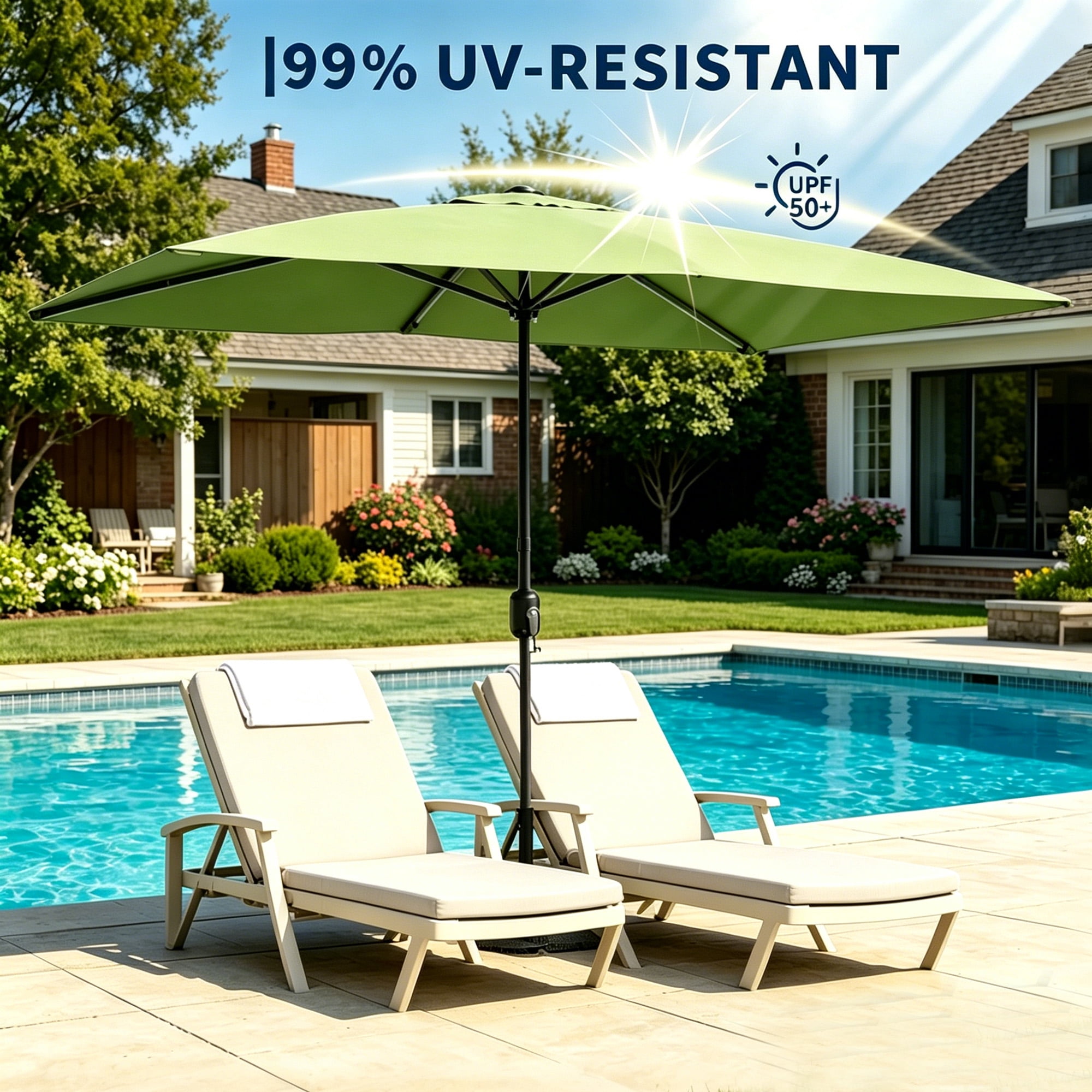 Kool 10x6.5ft Rectangular Patio Umbrella with Crank Handle, Outdoor Market Umbrella with 6 Sturdy Umbrella Ribs, Waterproof, Green