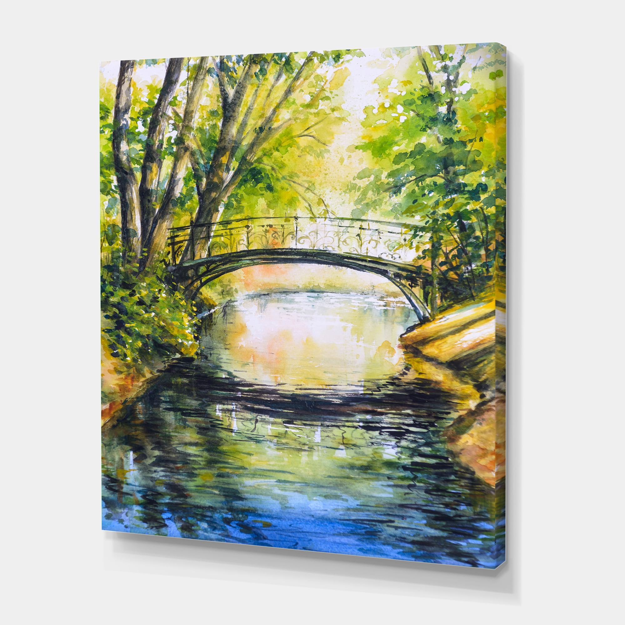 Forest Park With Bridge Over Troubled Water 8 in x 12 in Painting Canvas Art Print, by Designart