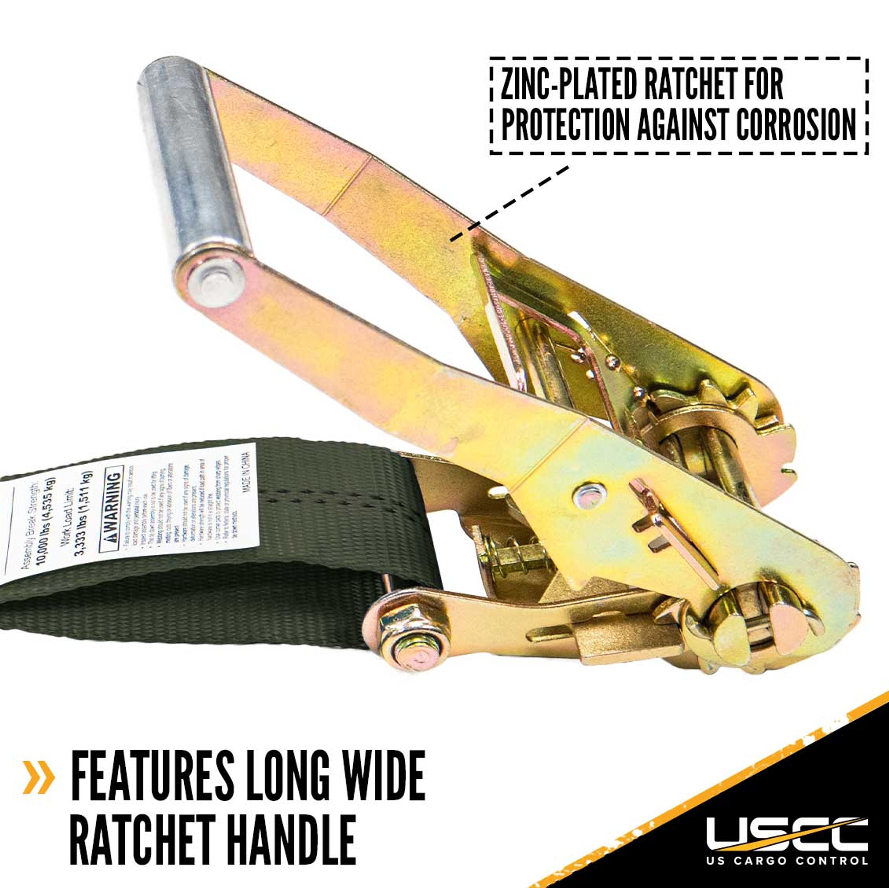US Cargo Control Ratchet Straps, 2 Inch x 27 Foot Ratchet Strap, 2 Inch Ratchet Strap, Olive Ratchet Strap, Wire Hook Ratchet Strap, Tiedown Strap With Double J Hooks, Dependable Cargo Strap