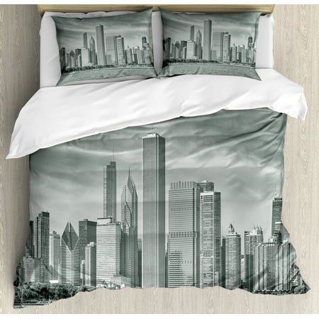 Chicago Skyline Duvet Cover Set Black And White Filtered Photo Of