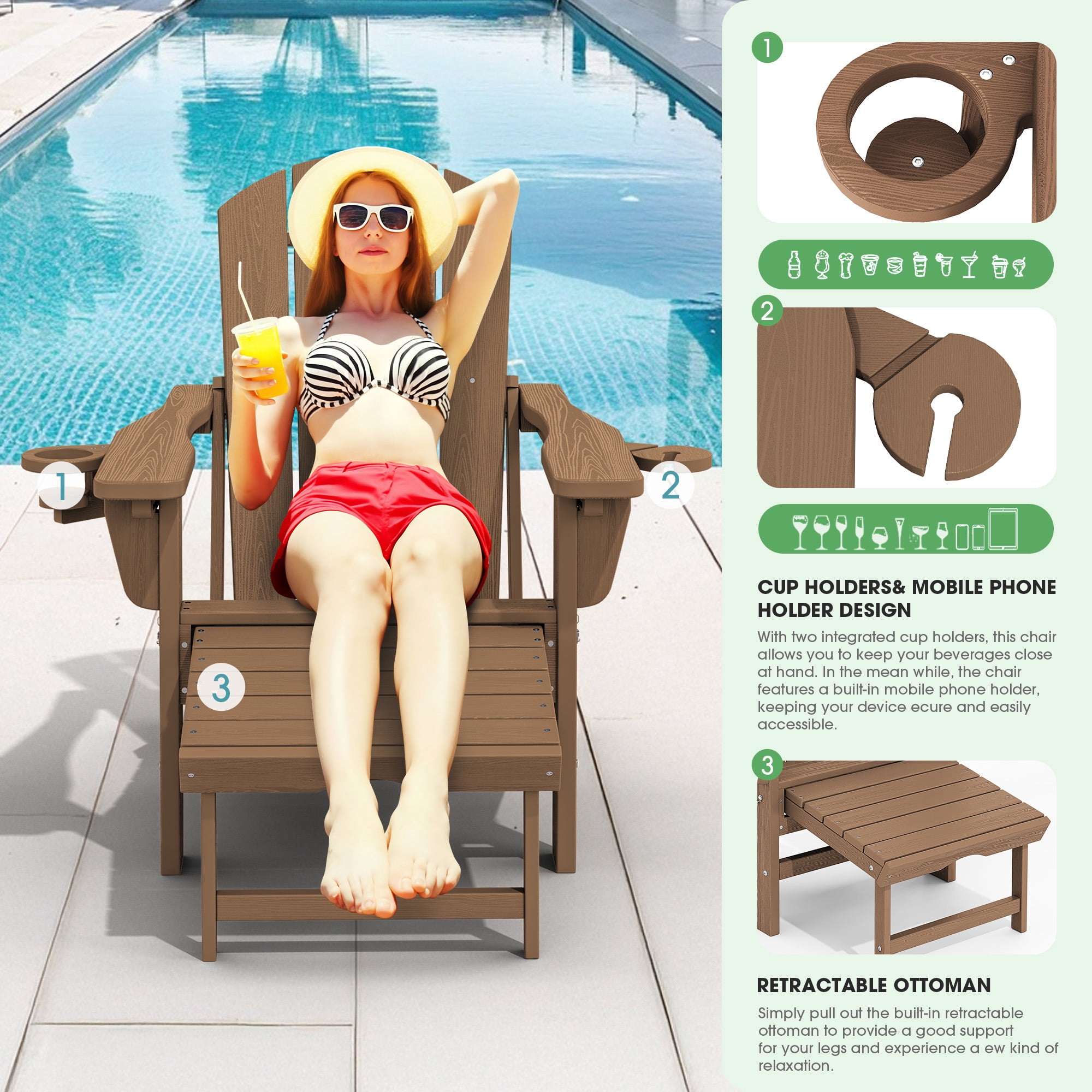 SERWALL Adjustable Folding Adirondack Chair with Footrest & Dual Cup Holders, HDPE Foldable Multifunctional Adirondack Chair with Ottoman for Patio, Outdoor, Garden, Brown