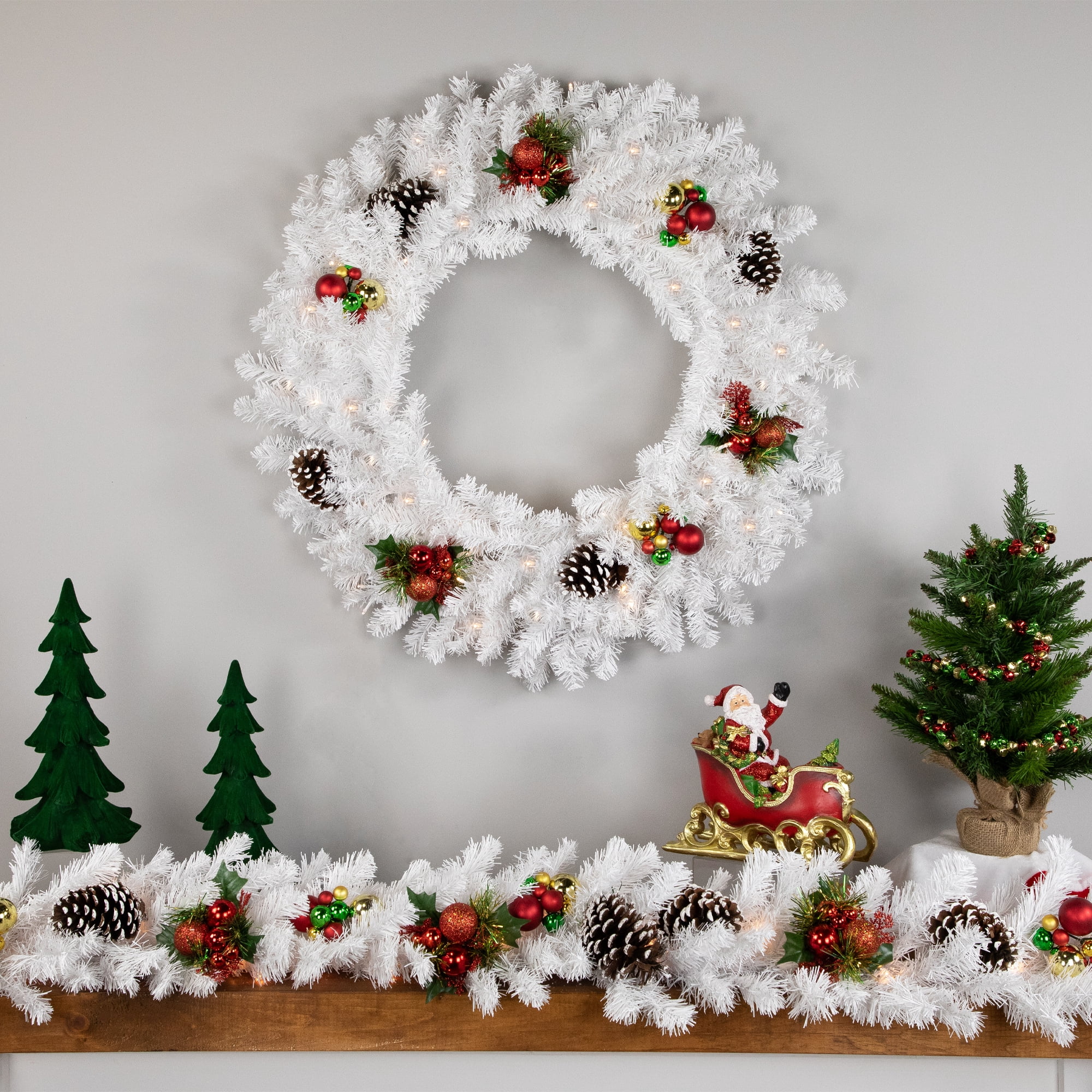 Pre-Lit LED White Canadian Pine Artificial Christmas Wreath 30-Inch Clear Lights