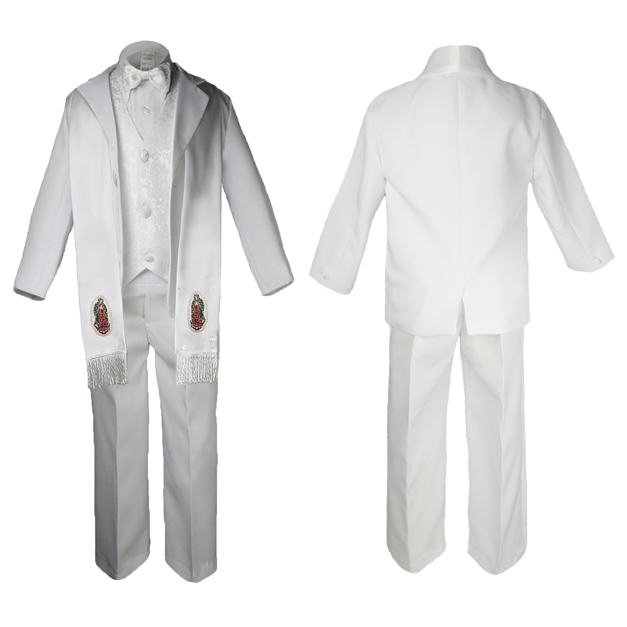 New Born Baby Boy Teen Christening Baptism Formal White Paisley Suit Silver Gold Maria Guadalupe on Stole SM-20