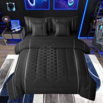 jejeloiu Geometric Stripe Lines 7pcs Bedding Comforter Set,Hexagon Honeycomb Print Queen Bedding Sets,Black Gray Queen Sheet Sets For Boys Kids,Breathable Home Decor Reversible